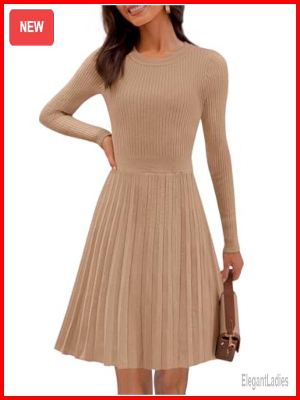 Women's Long Sleeve A Line Pleated Ribbed Knit Sweater Dress Mini